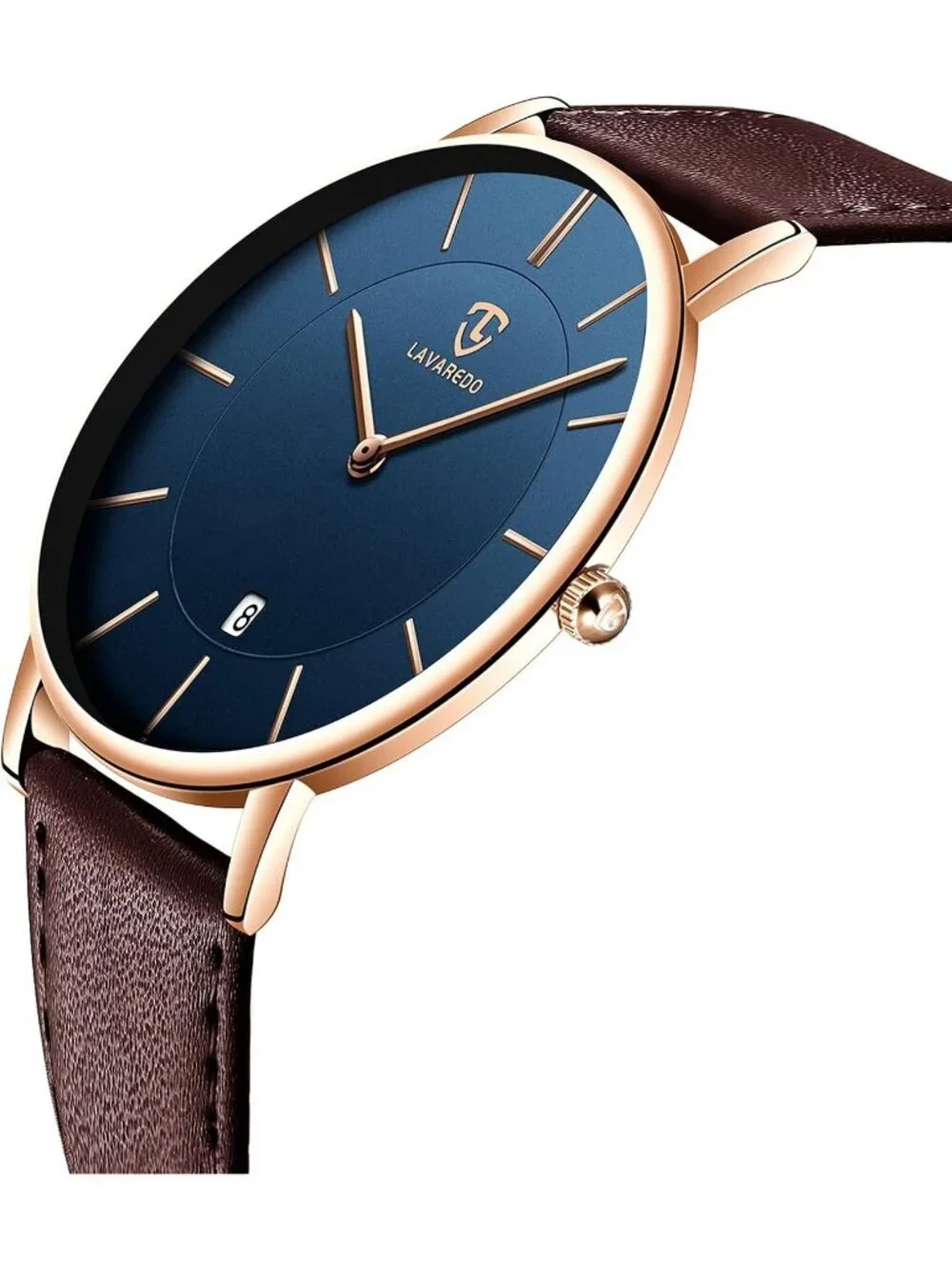 Mens Blue Brown Leather Strap Analog Minimalist Fashion Simple Round Wrist Watch